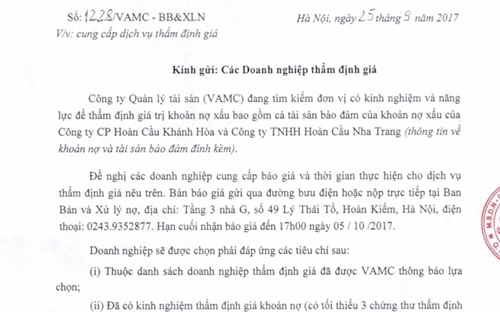 Khoản nợ xấu 2.400 tỷ được thế chấp 51.455 m2 “đất vàng” của Hoàn Cầu Thông báo của VAMC.